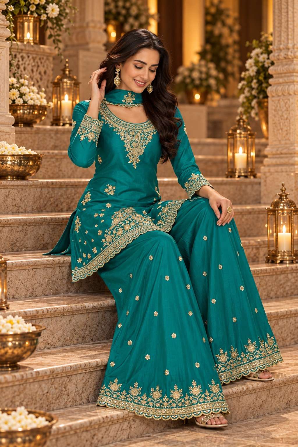 PURPLE CREATION LISA PREMIUM CHINNON WORK PALAZZO SUIT FOR WEDDING TYPE EXPORT